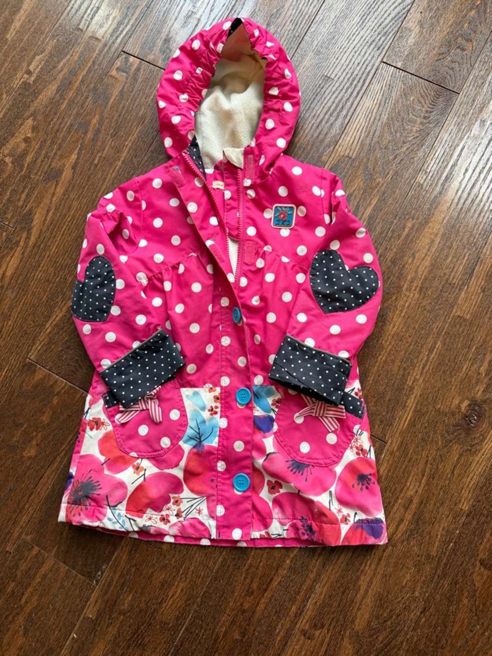 Girls' Fleece Lined Hooded Raincoat with Floral Hem